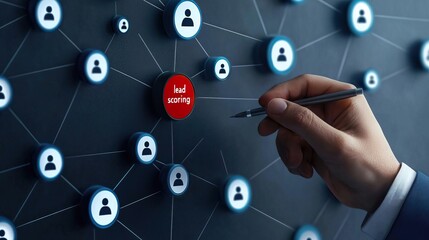 A hand selecting a node labeled 'link sorting' on a digital network graphic, symbolizing data connection and organization.