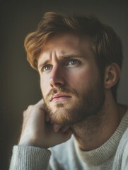 Obraz premium The man appears introspective as he rests his chin on his hand, his serious expression illuminated by soft indoor lighting. Generative AI