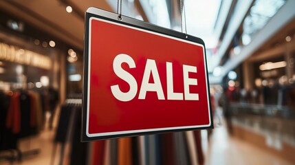 Vibrant sale sign hanging in a retail store, capturing attention for discounts and promotions in a busy shopping environment.