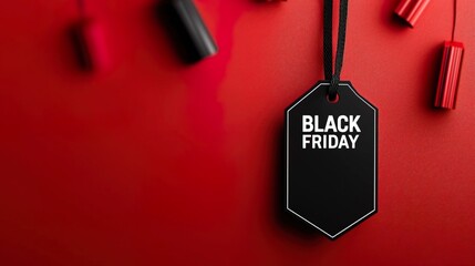 A striking Black Friday tag on a vibrant red background, perfect for promoting sales and discounts during the holiday shopping season.