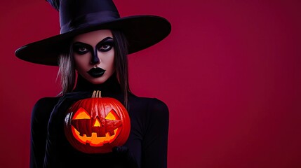 A mysterious witch holding a glowing jack-o'-lantern against a bold red background captures the spirit of Halloween.