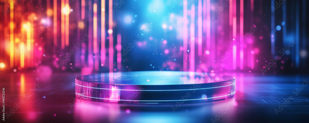 Poster a transparent glass podium with sharp lines, standing on a reflective surface with a futuristic back