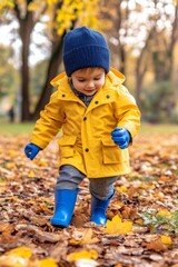 Autumn park with little boy holding maple leaf. Fall scene.