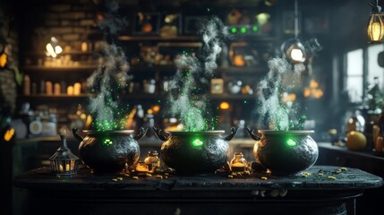 Obraz premium Three Cauldrons of Glowing Green Potion in a Dark Room