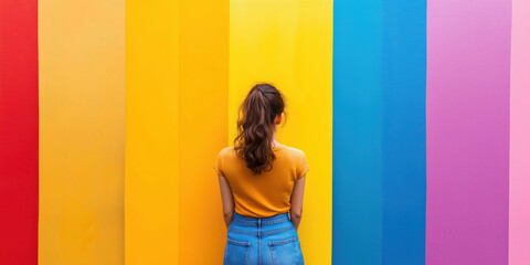 Fototapeta premium Young woman standing against colorful rainbow wall for vibrant and creative expression