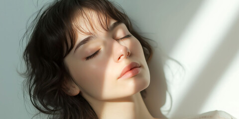 Naklejka premium Serene portrait of woman relaxing in soft natural light with peaceful expression
