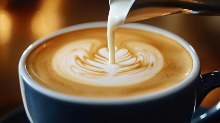 A beautifully crafted latte with intricate foam art, showcasing rich colors and textures in a cozy cafe setting.