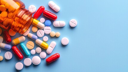 Assorted colorful pills and capsules spilled from an orange bottle on a blue background, showcasing various medications and supplements.