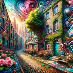 Naklejka premium A cobblestone street winds through a surreal neighborhood where buildings are adorned with colorful, swirling patterns and overgrown foliage, leading towards a fantastical cityscape, (Gen, A.I.)