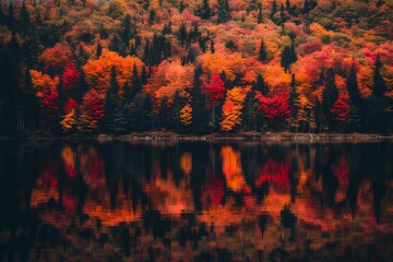 Obraz premium An autumn scene with water reflections along the Sherando Lake within the George Washington National Forest in Lyndhurst, Virginia (USA).