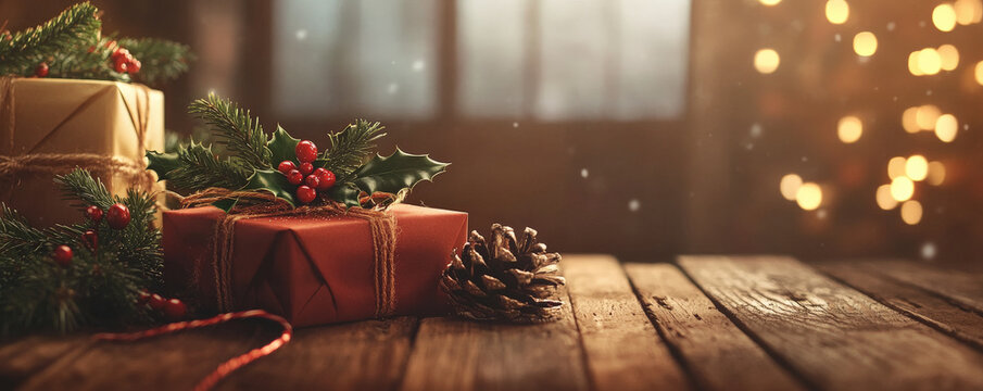A cozy, holiday-themed background with gifts wrapped in warm, rustic colors, topped with sprigs of holly and pine, placed on a wooden surface with a soft, warm glow.