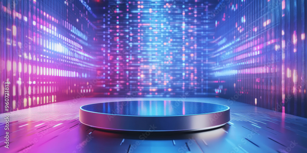 Poster a futuristic podium with a glass surface and metallic base, placed against a high-tech background wi