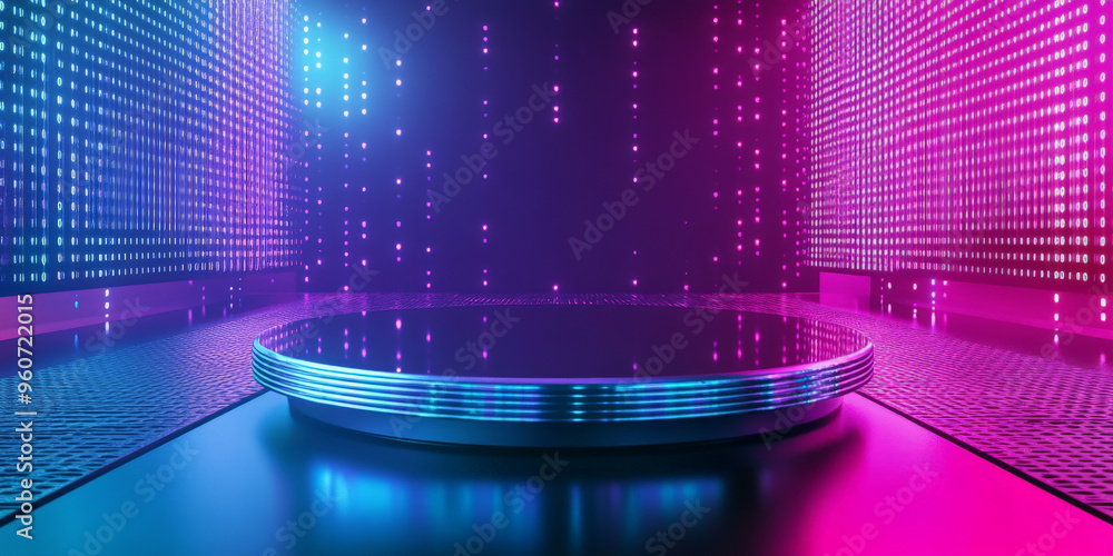 Poster a futuristic podium with a glass surface and metallic base, placed against a high-tech background wi