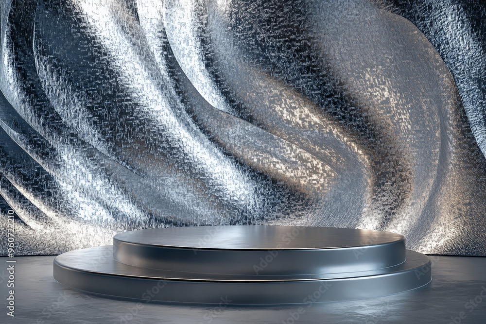 Poster a silver podium with a matte surface, set against a backdrop of abstract, metallic patterns in cool 