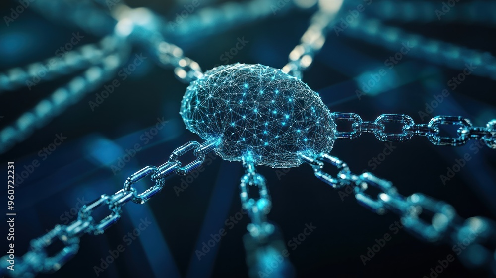 Poster brain bound by chains, symbol of intelligence and data network