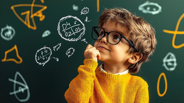 A curious child in a yellow sweater deep in thought, surrounded by playful math equations and geometric shapes on a green background.
