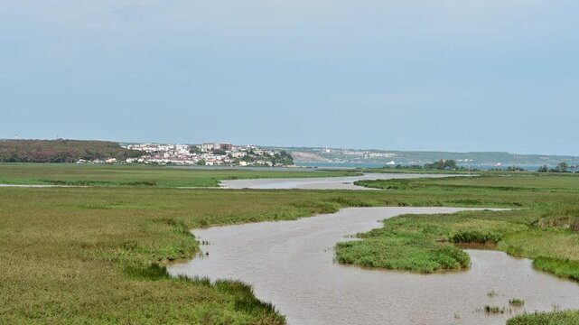 Coastal Wetlands near Igneada District. Scenic view of coastal wetlands with a winding river, grassy fields, and the distant town of Igneada under a clear sky.

