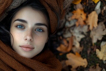 Imaginary fall scene. Autumn woman lying over fallen leaves in a fall forest. Beautiful young girl who is mixed race Caucasian and Asian.