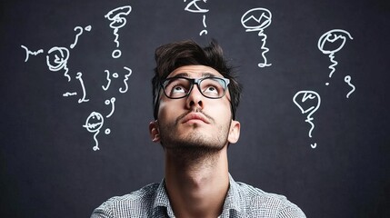 A young man in glasses looking up, surrounded by floating question marks and symbols, symbolizing curiosity and thought.