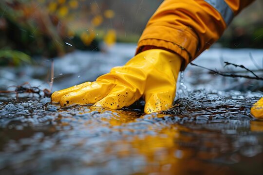 Person in orange jacket with hand in yellow waterproof glove cleans river, close up. Individual performs water cleanup actions. Copy space. Concept of environmental conservation efforts