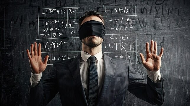 A businessman stands blindfolded against a blackboard filled with complex equations, symbolizing uncertainty and challenge.