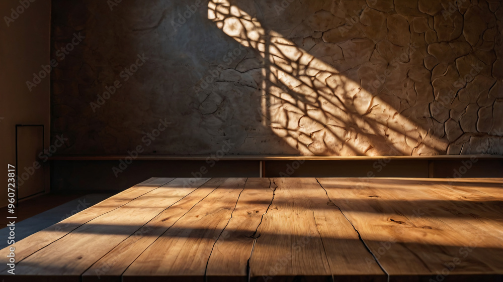 Canvas Prints empty dark wooden table with abstract light from leaf shadow on the wall