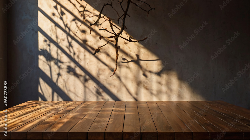 Canvas Prints empty dark wooden table with abstract light from leaf shadow on the wall