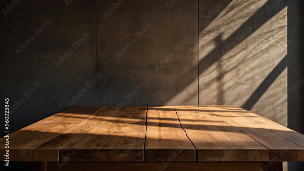 Canvas Prints empty dark wooden table with abstract light from leaf shadow on the wall