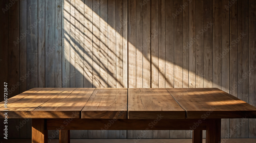 Canvas Prints empty dark wooden table with abstract light from leaf shadow on the wall