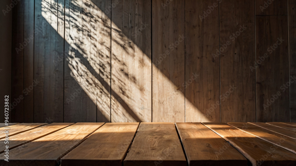 Canvas Prints empty dark wooden table with abstract light from leaf shadow on the wall