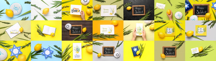 Collage with Sukkot festive symbols on color background