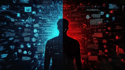 A stylized silhouette represents the duality of technology, showcasing contrasting blue and red digital elements surrounding the figure.