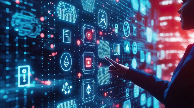 A professional interacts with digital interface icons in a tech-oriented environment, showcasing innovation and technology concept.