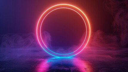 Obraz premium A glowing circle of neon lights with smoke in the background
