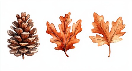 Autumn leaves, berries and pine cones painted in watercolor on a white background.