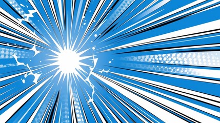 A blue and white comic book style image of a bright light with a white sun in th