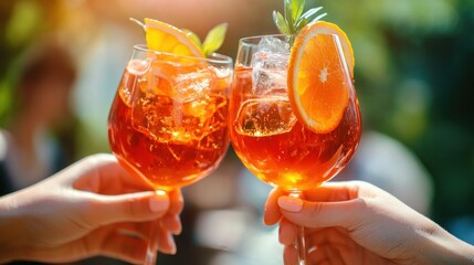 Outside, a close-up of hands holding spritz beverages decorated with ice cubes and orange slices, signifying pleasure and relaxation.