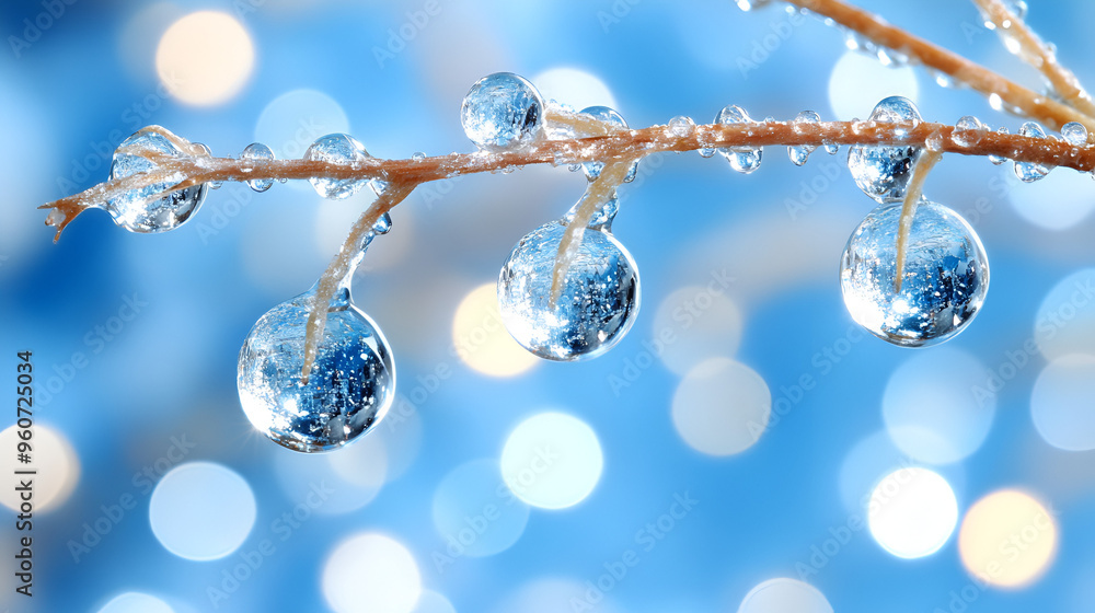 Aufkleber raindrops on a thin branch create a sparkling effect against a blue bokeh background in a tranquil s