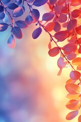 Obraz premium On a blurred background are red leaves on a branch with ripening barberry fruits. Colorful autumn leaves on a barberry bush. Copy space.