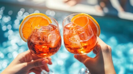 Outside, a close-up of hands holding spritz beverages decorated with ice cubes and orange slices, signifying pleasure and relaxation.
