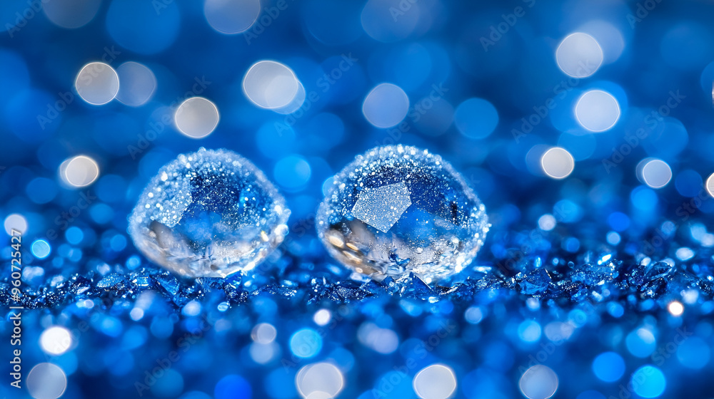 Poster shimmering water droplets on a blue sparkling surface reflecting light in a serene abstract setting