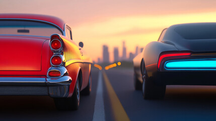 Vintage Car And Futuristic Vehicle Encountering Each Other On Deserted Highway At Twilight