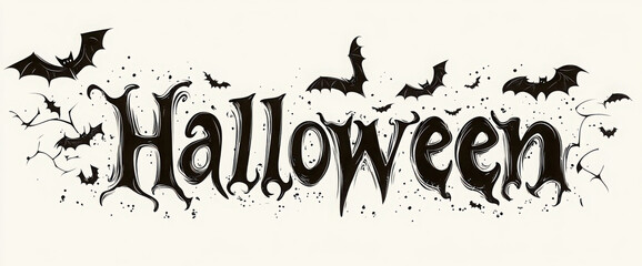 Halloween horizontal banner with vector logo. The inscription with ominous tree branches, bats and a pretty witch on a background of the full moon.