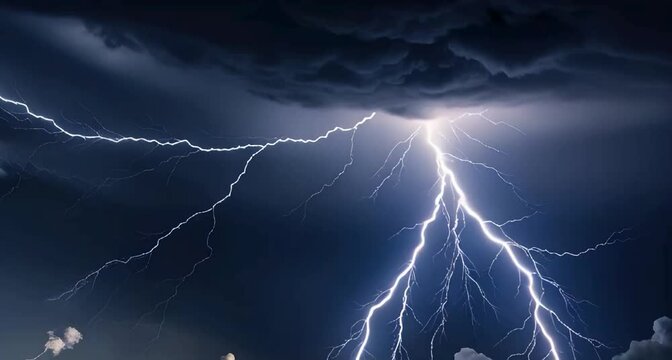 a breathtaking and awe-inspiring lightning storm, set against a majestic, dark blue to indigo gradient sky with wispy, feathery clouds that seem to glow with an ethereal luminescence.