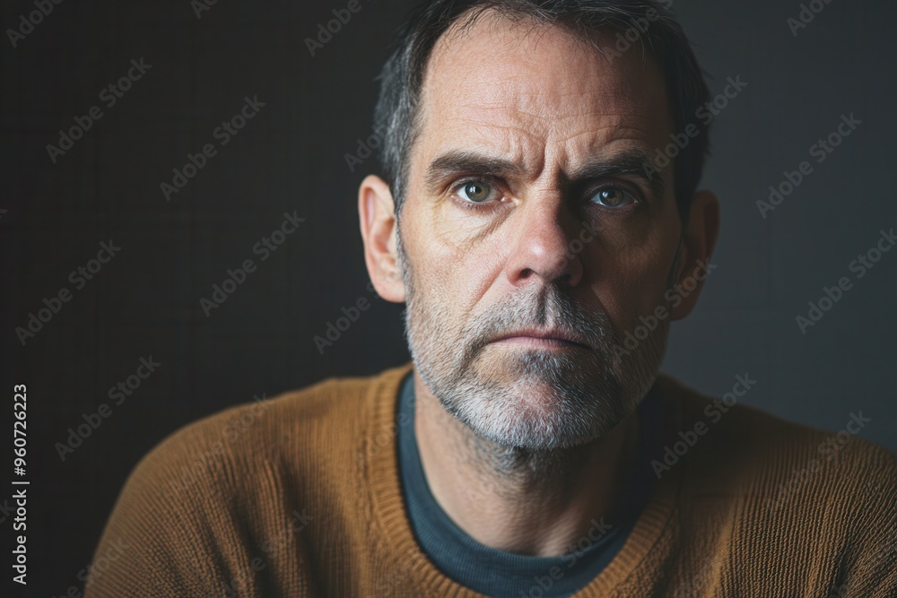Aufkleber a man in a brown sweater showcases a serious expression while deep in thought in a softly lit room, 