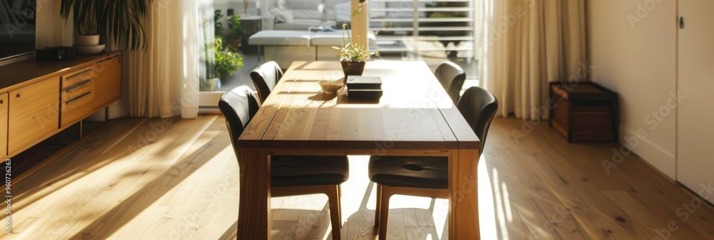 Poster minimalist wooden dining table accompanied by two stylish black chairs in a warm and inviting living