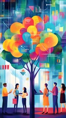A vibrant illustration of diverse people working together in an open office, surrounded by digital trees and charts symbolizing innovation and collaboration