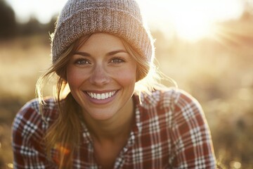 The image shows a young woman walking outdoors wearing a hat and plaid shirt