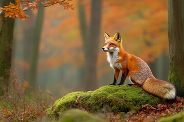 Obraz premium This is a beautiful autumn scene featuring an orange red fox in a forest.