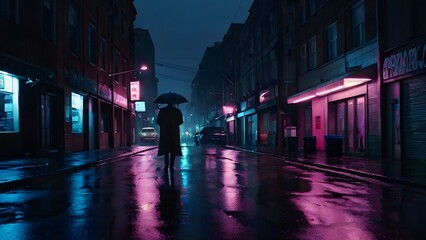 Obraz premium A detailed depiction of a rainy night in a city, showcasing the vibrant neon signs, the glistening rain, and the solitary figure walking through the streets